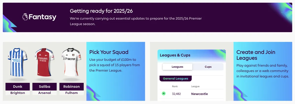 A screenshot of the Fantasy Premier League website getting ready for 2025/26